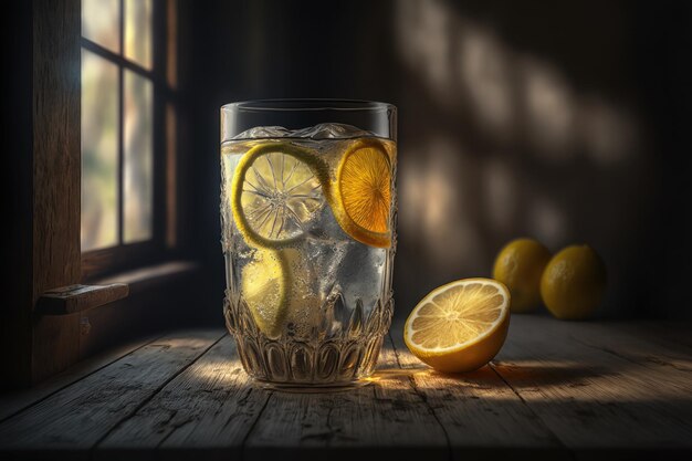 Limonadedrank in een glazen pot en ingrediënten op houten tafel ai generatief