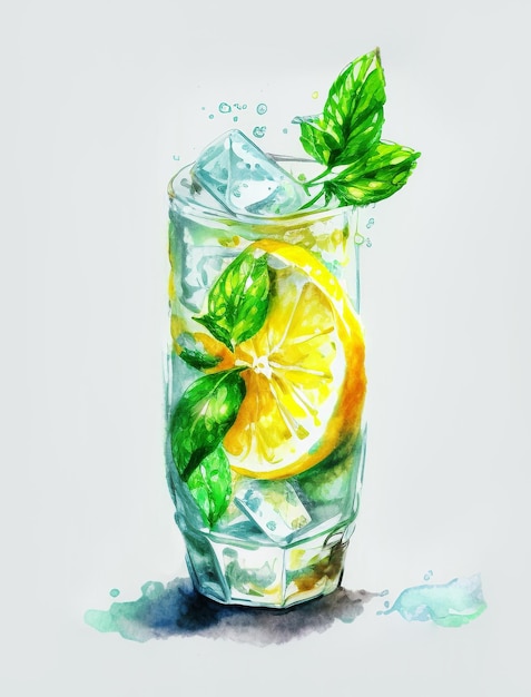 Limonadedrank met verse citroenmunt en ijs Generatieve AI Verfrissende citrusmojitococktail op een lichte achtergrond Waterverfverf