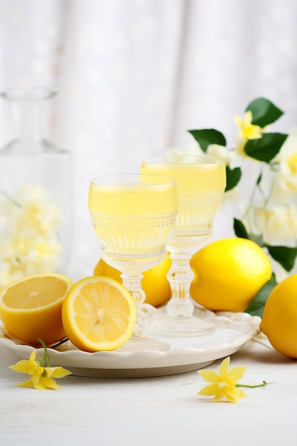 Photo limoncello liquor in two glasses lemons around on the light background