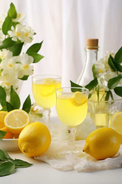 Photo limoncello liquor in two glasses with lemons and flowers on the light background