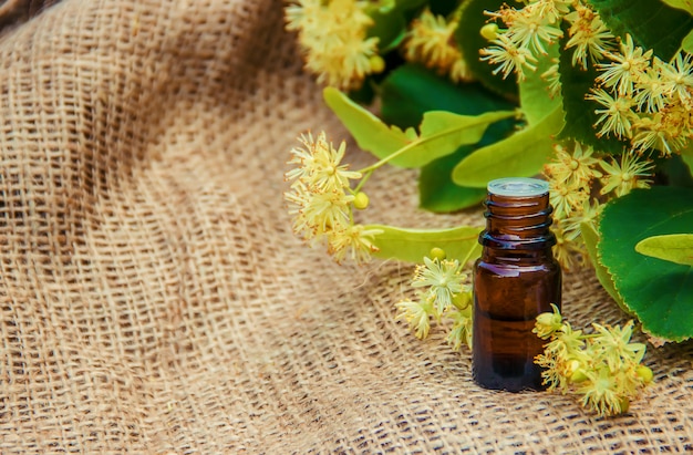 Linden extract en bloemen in een klein flesje.