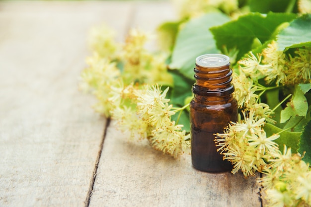 Linden extract and flowers in a small bottle. Selective focus.