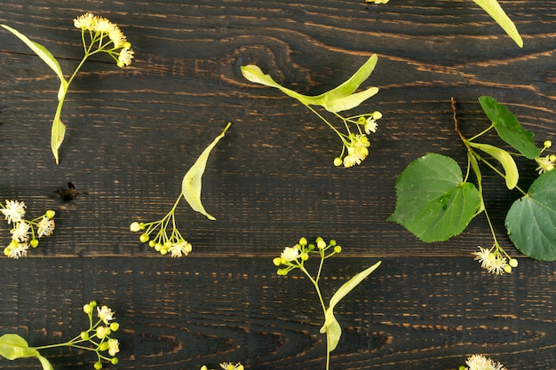 木製の背景にリンデンの花のパターン。