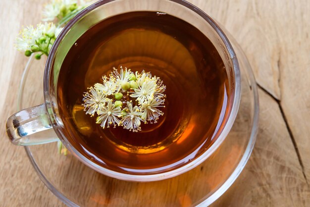 Linden herbal tea on a light pastel background. copy space