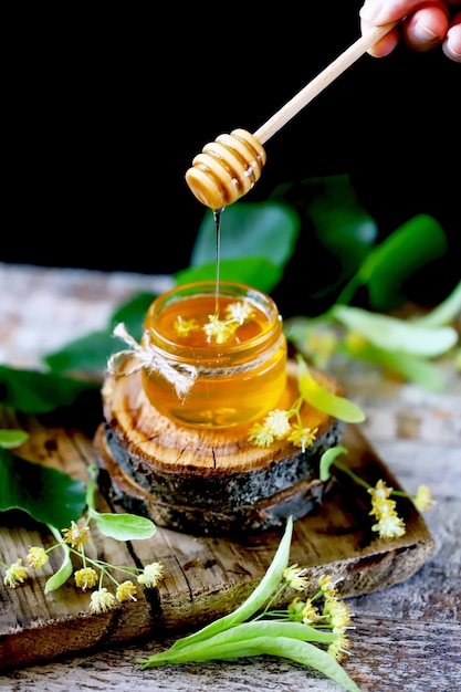 Linden honey in a jar.