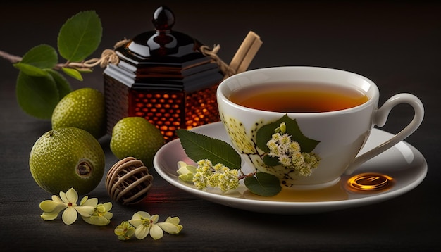 Linden tea honey lemon on a dark background Generative AI