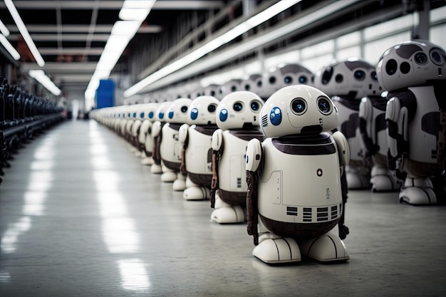 line of androids in factory each performing its own task