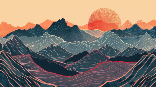 Line art background with mountains and sun Mountainous terrain Sun set wallpaper design for wall arts covers fabrics Modern illustration