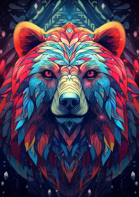 Line Art bear with abstract color background