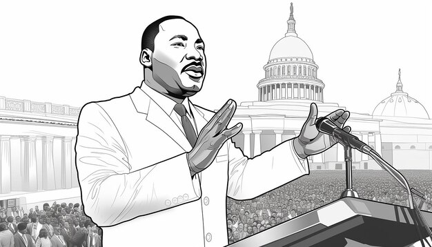 line art cartoon vector art black and white of Dr Martin Luther King JR giving a speech adult colo