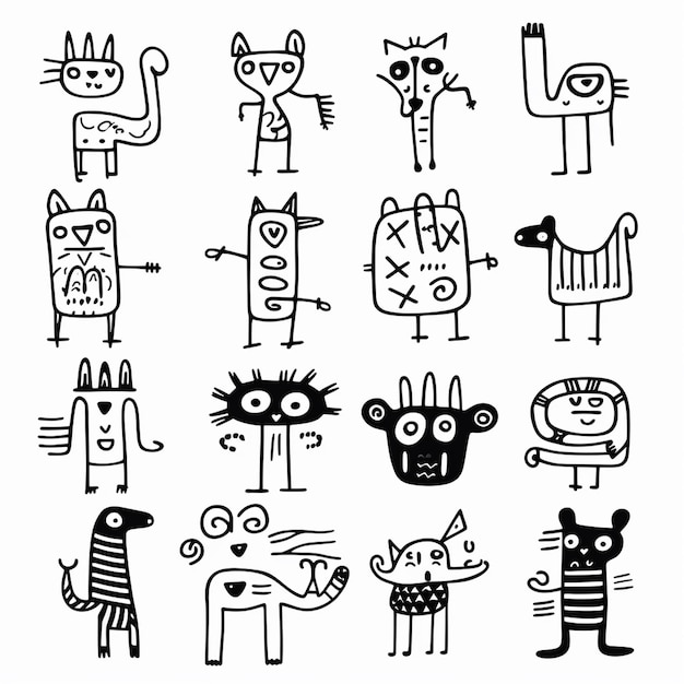 異なるタイプの動物の絵のラインアート