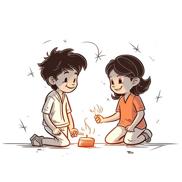 Line art drawing for happy diwali concept Cartoon kids playing crackers Ai Generated