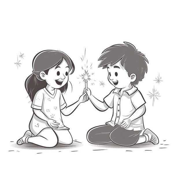 Photo line art drawing for happy diwali concept cartoon kids playing crackers ai generated