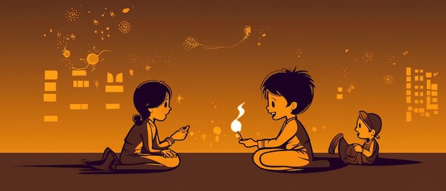 Line art drawing for happy diwali concept Cartoon kids playing crackers Ai Generated