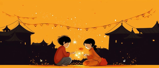 Line art drawing for happy diwali concept Cartoon kids playing crackers Ai Generated