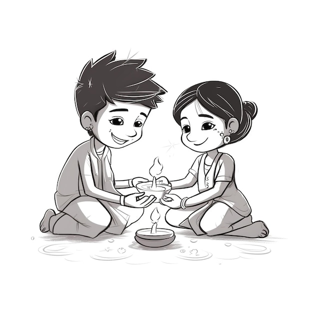 Photo line art drawing for happy diwali concept cartoon kids playing crackers ai generated