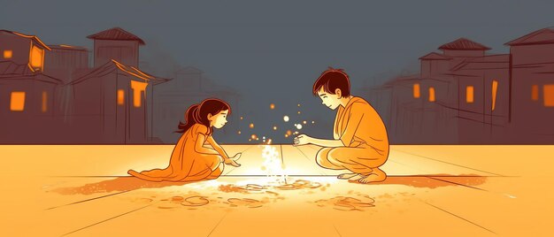 Photo line art drawing for happy diwali concept cartoon kids playing crackers ai generated