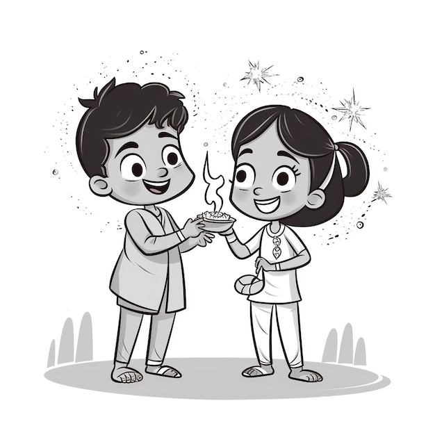 Photo line art drawing for happy diwali concept cartoon kids playing crackers ai generated