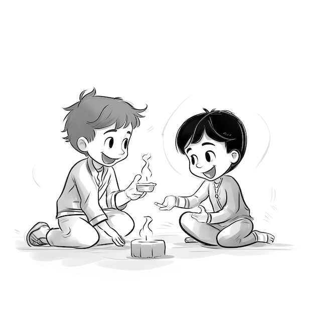 Line art drawing for happy diwali concept Cartoon kids playing crackers Ai Generated