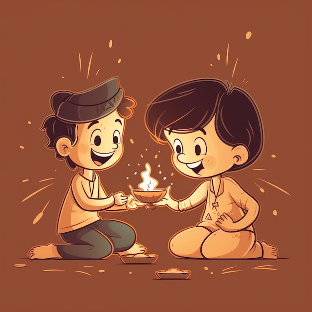 Photo line art drawing for happy diwali concept cartoon kids playing crackers ai generated