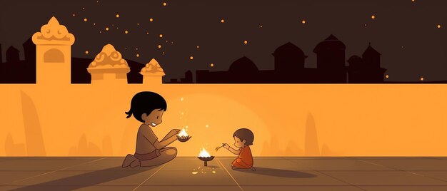 Line art drawing for happy diwali concept Cartoon kids playing crackers Ai Generated