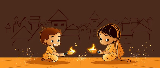 Photo line art drawing for happy diwali concept cartoon kids playing crackers ai generated