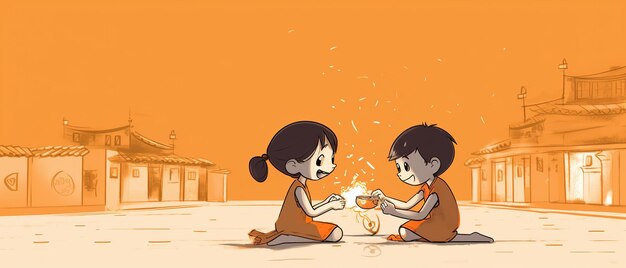 Photo line art drawing for happy diwali concept cartoon kids playing crackers ai generated