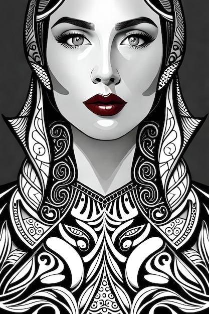 Line art of a girl face and a black baroque patterns sketch art art nouveau