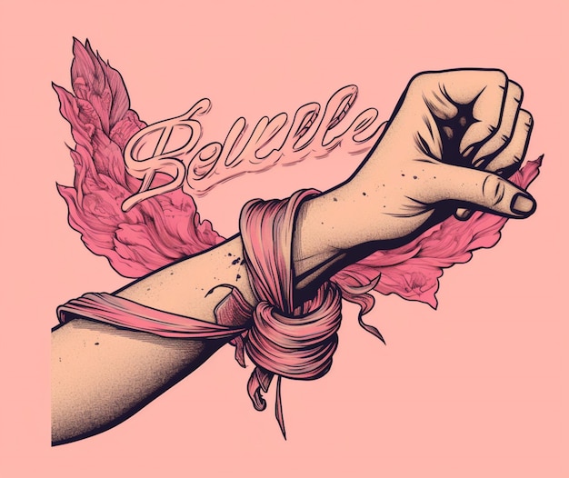 Foto un disegno al tratto di una mano che si protende verso un nastro rosa