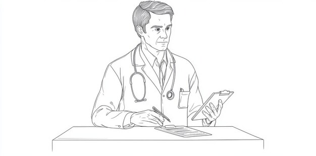 Photo line art illustration of a doctor with a stethoscope and a clipboard continuous single line drawing