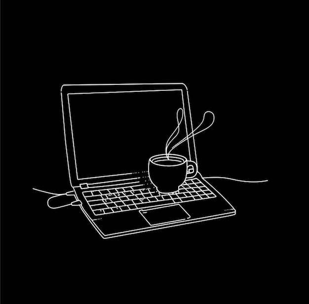 line art of laptop and coffee in black bg