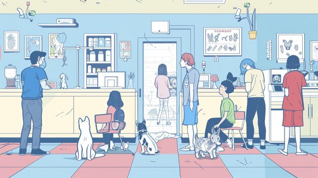 Photo line art modern illustration of a veterinarian clinic with people animals and diseased dogs cats and rabbits near the counter in the queue pet owners with their pets wait in a veterinary clinic