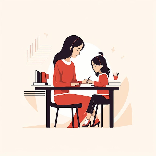 Photo line art of mother and daughter sat at a desk reading