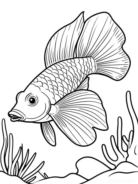 Photo line art outline of a beautiful fish