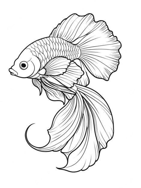 Photo line art outline of a beautiful fish