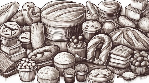 Photo line art set of bakery products including various types of bread and cakes