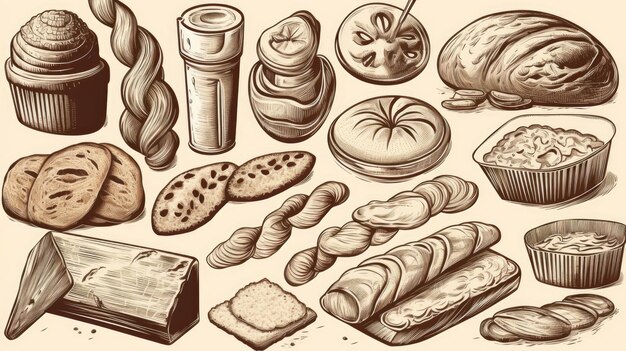 Line art set of bakery products including various types of bread and cakes