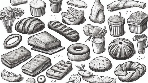 Photo line art set of bakery products including various types of bread and cakes