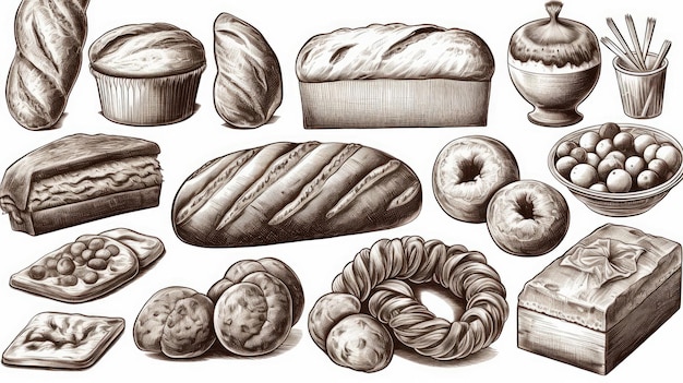 Line art set of bakery products including various types of bread and cakes