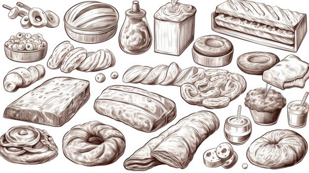 Line art set of bakery products including various types of bread and cakes