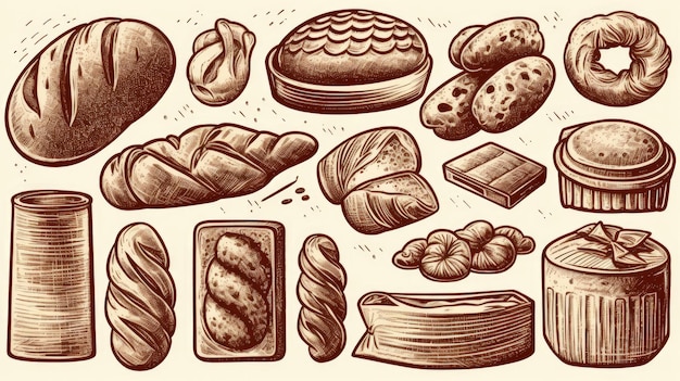 Photo line art set of bakery products including various types of bread and cakes