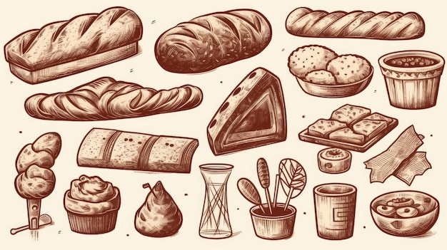 Набор пекарных изделий, включая различные виды хлеба и пирогов