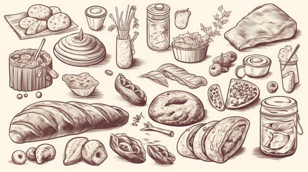 Photo line art set of bakery products including various types of bread and cakes