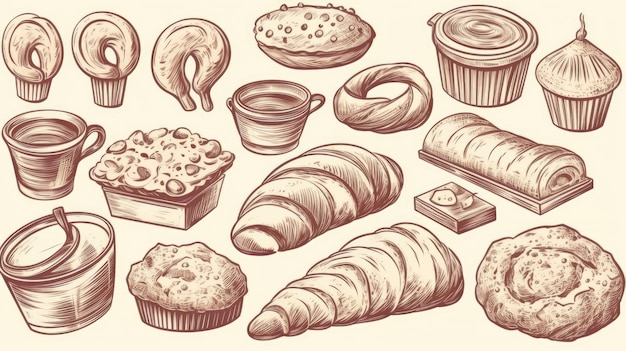 Line art set of bakery products including various types of bread and cakes