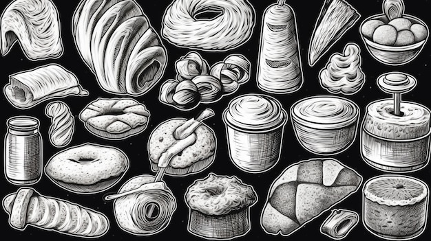 Line art set of bakery products including various types of bread and cakes