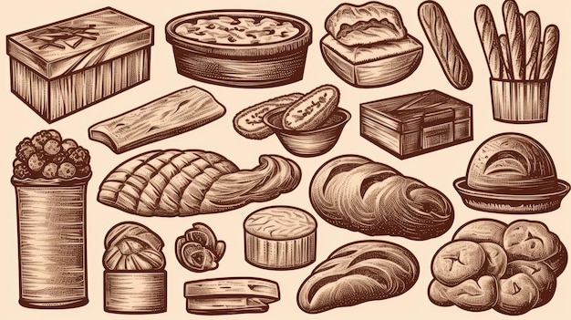 Line art set of bakery products including various types of bread and cakes