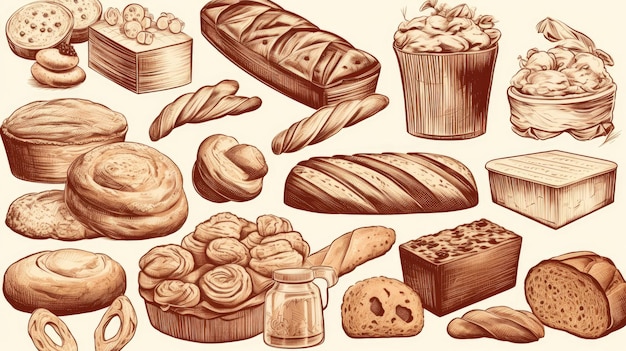 Line art set of bakery products including various types of bread and cakes