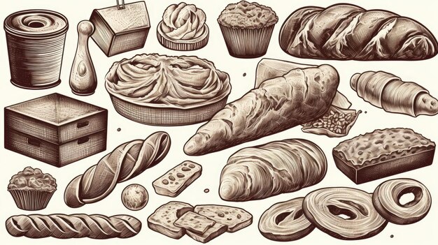 Line art set of bakery products including various types of bread and cakes