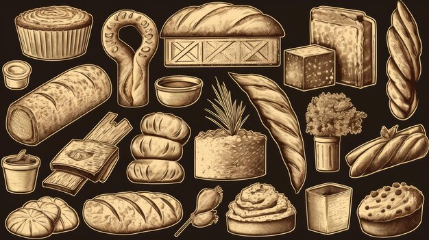 Line art set of bakery products including various types of bread and cakes