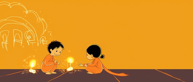 Line art tekening voor happy diwali concept Cartoon kinderen spelen crackers Ai Generated